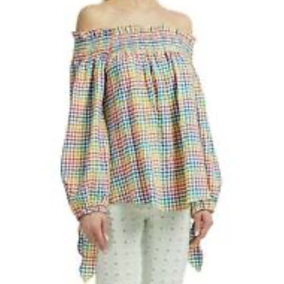 Caroline Constas Lou Off the Shoulder Rainbow Gingham Top - Picture 1 of 4